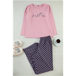 Çok Renkli Puantiye ve Kedi Desenli Örme Pijama Takımı TBBAW25AI00086