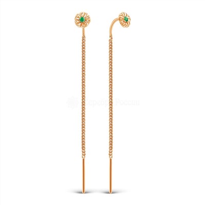 Серьги-продёвки из золочёного серебра с изумрудом 925 пробы п7-234з433