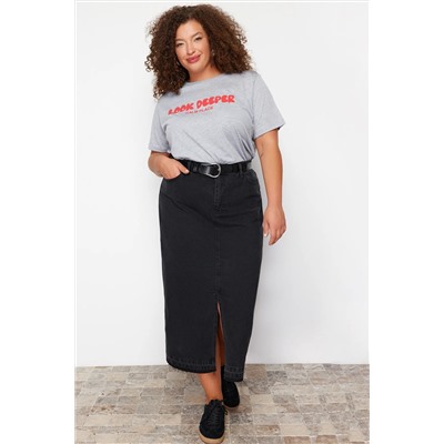 Gri Melanj Slogan Baskılı Boyfriend %100 Pamuk Örme Büyük Beden T-shirt TBBSS24BF00036