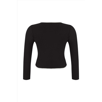 Teen Siyah Kontrast Biye Detaylı Fitted/Vücuda Oturan Fermuarlı Yaka Esnek Örme Bluz TBBAW26AF00041