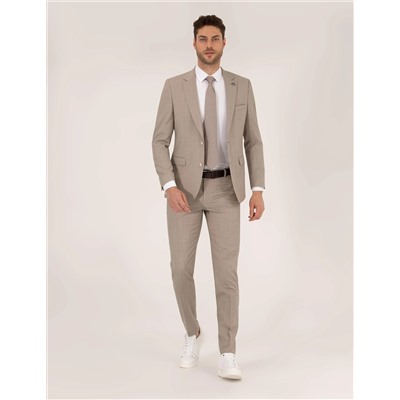 Bej Çizgili Ekstra Slim Fit Yün Takım Elbise