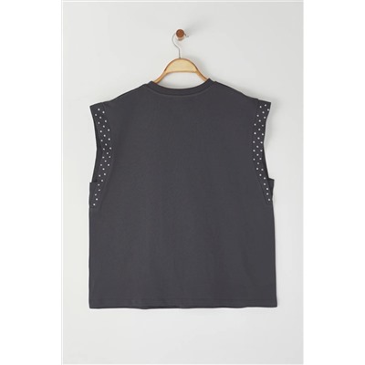 Antrasit Bisiklet Yaka Troklu %100 Pamuk Örme Büyük Beden T-shirt TBBSS25BF00010