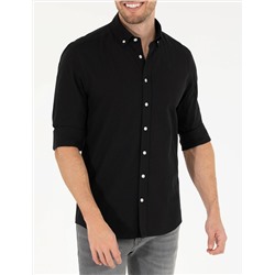 Siyah Slim Fit Keten Görünümlü Gömlek