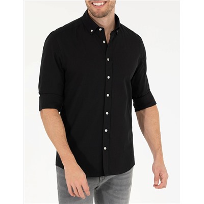 Siyah Slim Fit Keten Görünümlü Gömlek