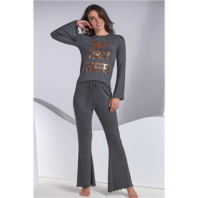 Sevim Kadın Gri Baskılı Pijama Takım 12582