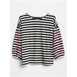 Embroidered Three-Quarter Sleeve T-Shirt in Jersey