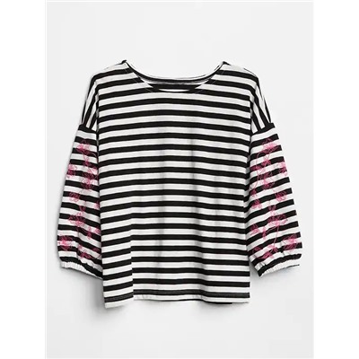 Embroidered Three-Quarter Sleeve T-Shirt in Jersey