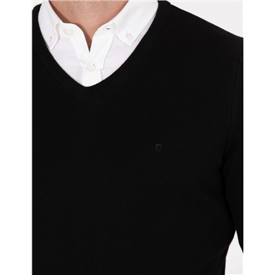 Siyah Slim Fit V Yaka Basic Triko Kazak