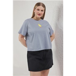 Gri  Bisiklet Yaka Nakışlı Crop Örme Büyük beden T-shirt TBBSS25BF00015