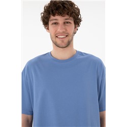 Erkek Oversize Fit Bisiklet Yaka Koyu Mavi Tişört