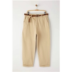 Bej Yüksek Bel Kemerli Mom Fit Denim Büyük Beden Jeans TBBAW26CJ00026