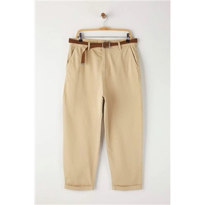 Bej Yüksek Bel Kemerli Mom Fit Denim Büyük Beden Jeans TBBAW26CJ00026