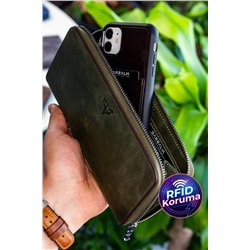Garbalia, Unisex Yeşil Murphy Crazy Deri Telefon Bölmeli Mıknatıslı Portföy Cüzdan