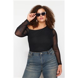 Trendyol Curve Siyah Tül Astarlı Asimetrik Yaka Örme Büyük Beden Bluz TBBSS24AF00025