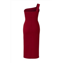Bordo Asimetrik Tek Kol Dokuma Abiye/Mezuniyet/Kokteyl/Party Büyük Beden Elbise TBBSS25AH00108