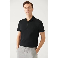 Avva Erkek Siyah %100 Pamuk Fermuarlı Standart Fit Normal Kesim Polo Yaka T-shirt E001034