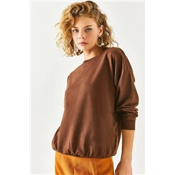 Olalook Kadın Düz Acı Kahve Basic Yumuşak Dokulu Salaş Sweatshirt SWT-19000457
