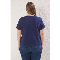 Lacivert Bisiklet Yaka Basklı Örme Büyük Beden T-Shirt TBBSS25BF00014
