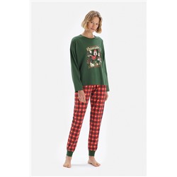 Dagi Yeşil Bisiklet Yaka Uzun Kol Mini Baskılı Lisans Pijama Takımı 22WW17313BD_YES
