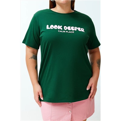 Koyu Yeşil Slogan Baskılı Boyfriend %100 Pamuk Örme Büyük Beden T-shirt TBBSS24BF00036