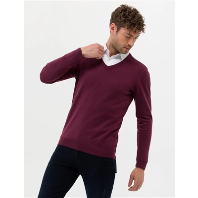 Bordo Slim Fit V Yaka Basic Triko Kazak