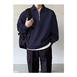 GENIUS STORESTORE Erkek Polo Yaka Oversize Sweatshirt Yarım Fermuar Sweatshirt
