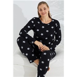 Siyah İnci siyah beyaz yıldız desenli Curve Büyük Beden Battal boy Pamuklu Pijama Takımı 7683