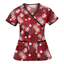 UA Festive Snowflakes Red Mock Wrap Scrub Top