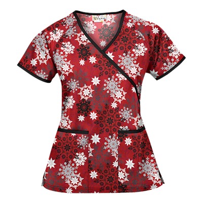 UA Festive Snowflakes Red Mock Wrap Scrub Top