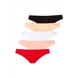 U.S. Polo Assn. Kadın Pamuklu Modal 5'li Paket Kırmızı - Somon - Beyaz - Siyah - Ten Kıl Lastikli Slip Külot Q6U7O0K0K6A