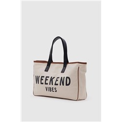 citycenterfashion Kadın Kanvas Kumaş Plaj Çantası Weekend Vibes Cty-lbn-9068 cty-lbn-9068