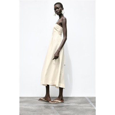 BEADED STRAPPY LINEN BLEND MIDI DRESS