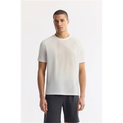 Avva, Erkek Beyaz Bisiklet Yaka Geometrik Desenli Teknik Kumaş Detaylı T-Shirt A51Y1151