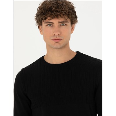 Siyah Slim Fit Bisiklet Yaka Triko Kazak