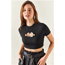 Olalook Kadın Siyah Cut Out Detaylı Aksesuarlı Crop Likralı BLZ-19002334