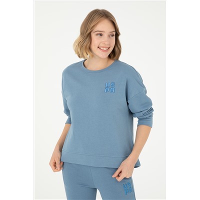 Kadın Koyu Mavi Basic Bisiklet Yaka Sweatshirt