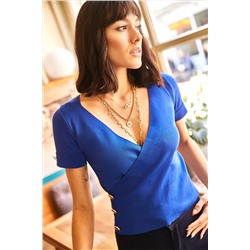Olalook, Kadın Saks Mavi Kruvaze Düğme Detaylı Crop Triko Bluz BLZ-19001835
