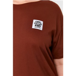 Kahverengi Eteği Fırfırlı Etiket Detaylı %100 Pamuk Örme Büyük Beden T-shirt Elbise TBBSS24AH00171