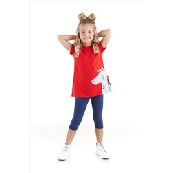 Denokids Denizci Unicorn Kız Çocuk Kırmızı T-shirt Lacivert Tayt Takım CFF-23Y1-081