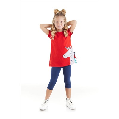 Denokids Denizci Unicorn Kız Çocuk Kırmızı T-shirt Lacivert Tayt Takım CFF-23Y1-081