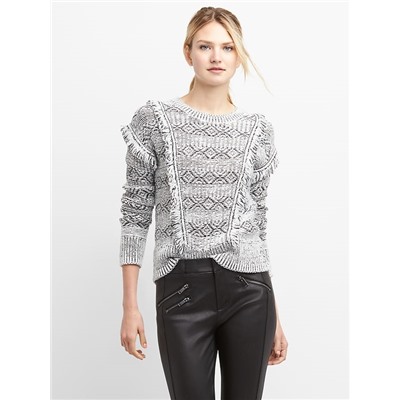 Fringe jacquard crewneck sweater