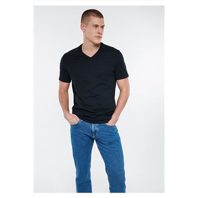 Mavi V Yaka Siyah Basic Tişört Fitted / Vücuda Oturan Kesim 065586-900