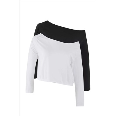 Siyah-Beyaz 2'li Paket %100 Pamuk Asimetrik Kayık Yaka Crop Örme T-Shirt TBBAW26BF00001
