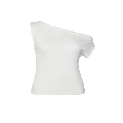 Ekru Çizgili Premium Yumuşak Kumaşlı Fitted Kayık/Madonna Yaka Esnek Örme Bluz TBBSS25AF00029