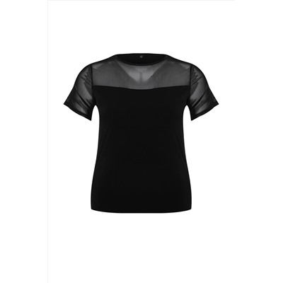 Siyah Kalp Yaka Mesh Detaylı Örme Bluz TBBSS24AF00046