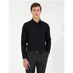 Siyah Slim Fit Armürlü Uzun Kollu Gömlek