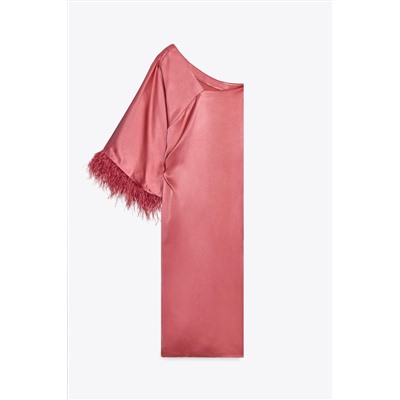 FEATHERED SATIN LONG DRESS