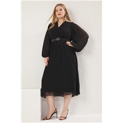 Trendyol Curve Siyah Şifon Piliseli Kemerli Midi Dokuma Büyük Beden Elbise TBBSS25AH00025