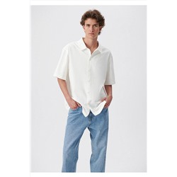 Mavi Kısa Kollu Beyaz Gömlek Loose Fit / Bol Rahat Kesim 0210681-620