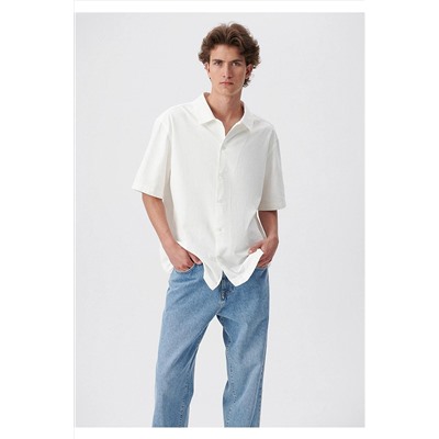Mavi Kısa Kollu Beyaz Gömlek Loose Fit / Bol Rahat Kesim 0210681-620